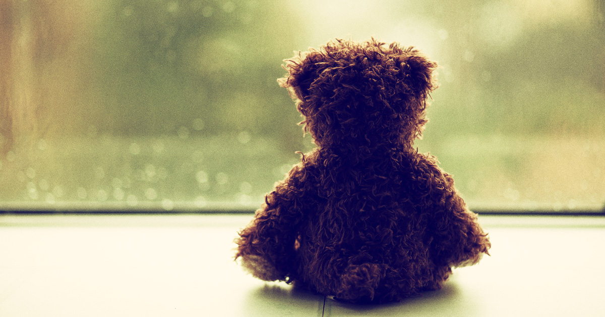 photo of a teddy bear on a windowsill facing away from the viewer