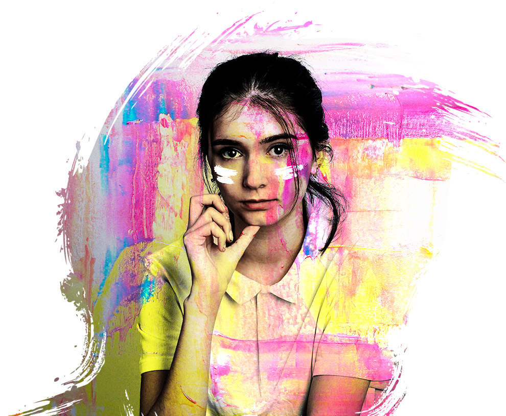 Teen girl staring straight ahead, with hand on chin. Image has artistic paintbrush textures